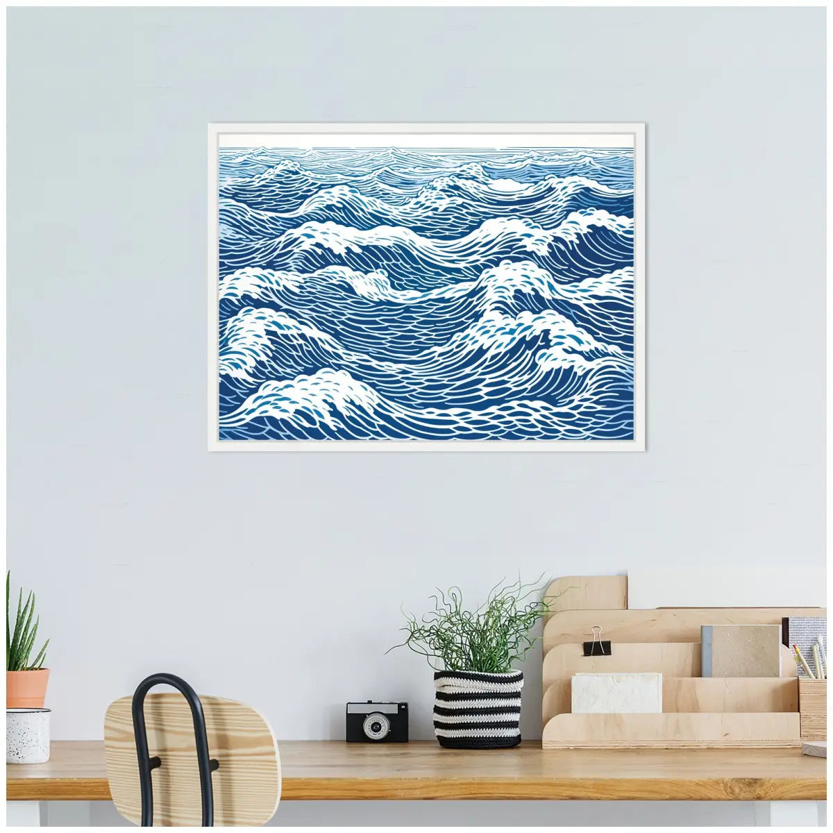 Linocut Abstract Waves Blue and White Framed Canvas - kateandlaurel