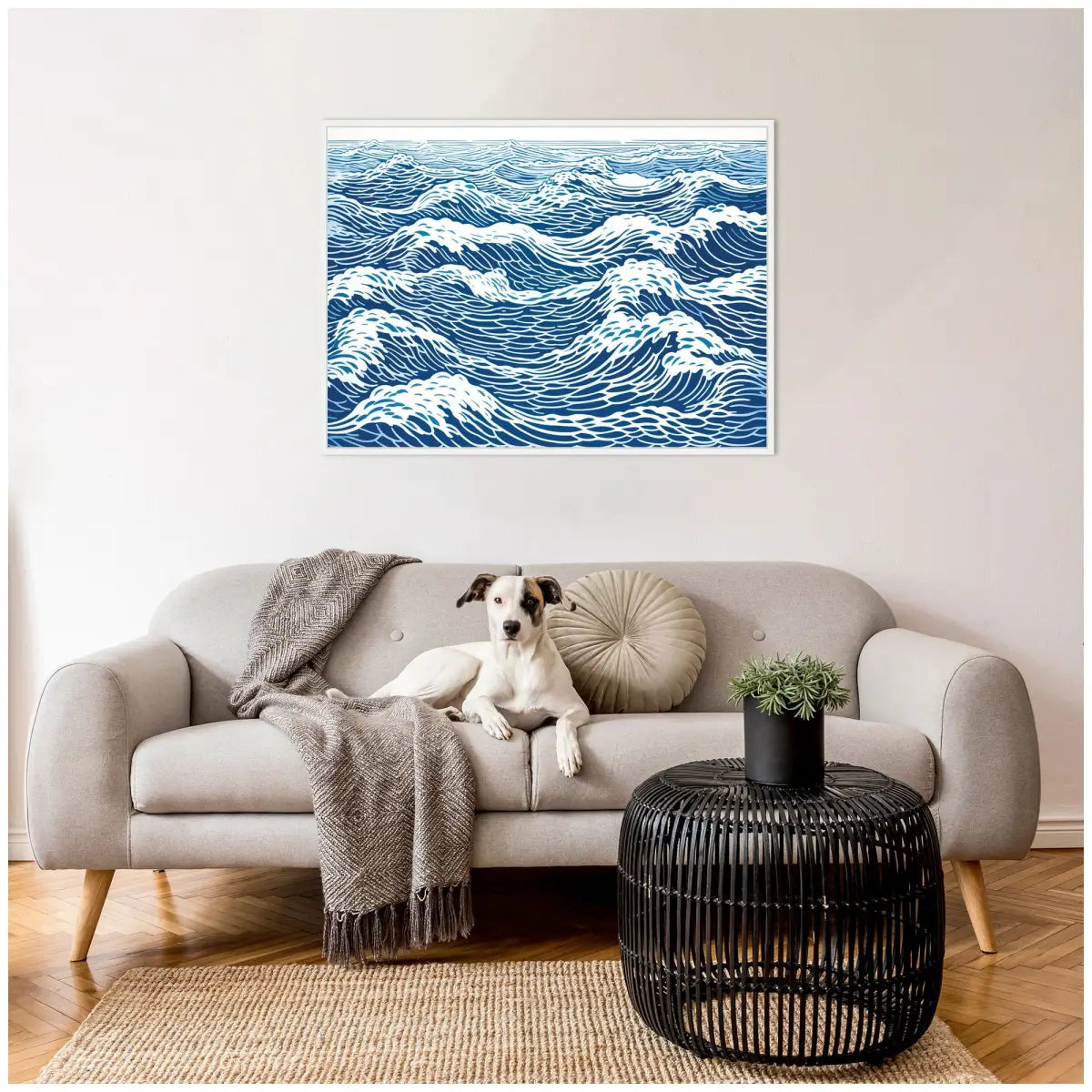 Linocut Abstract Waves Blue and White Framed Canvas - kateandlaurel