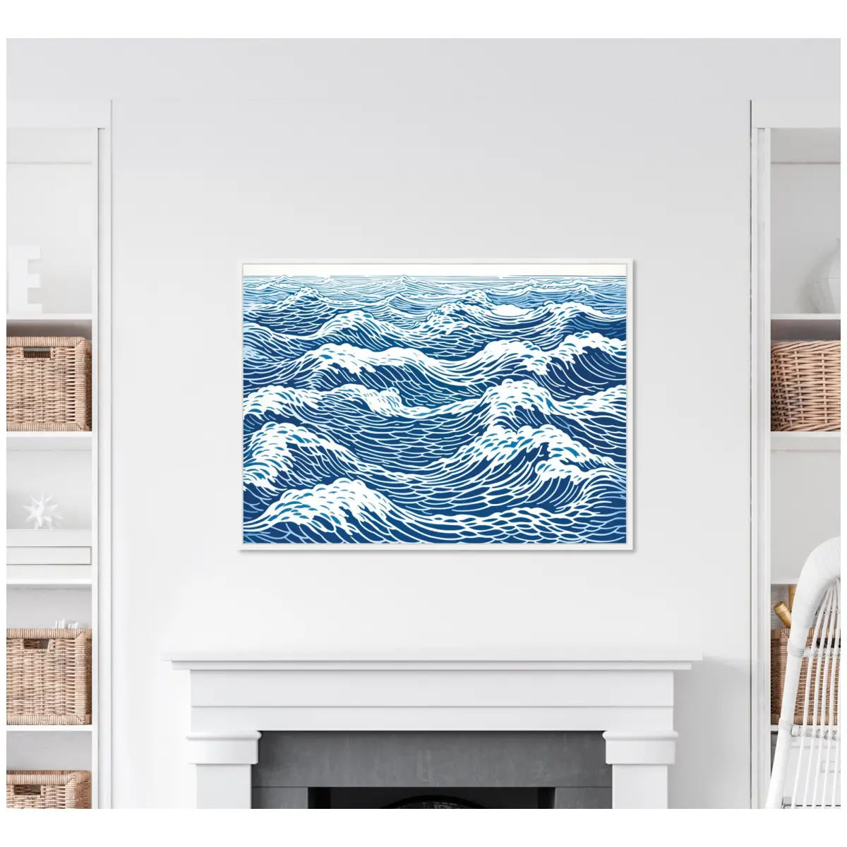 Linocut Abstract Waves Blue and White Framed Canvas - kateandlaurel