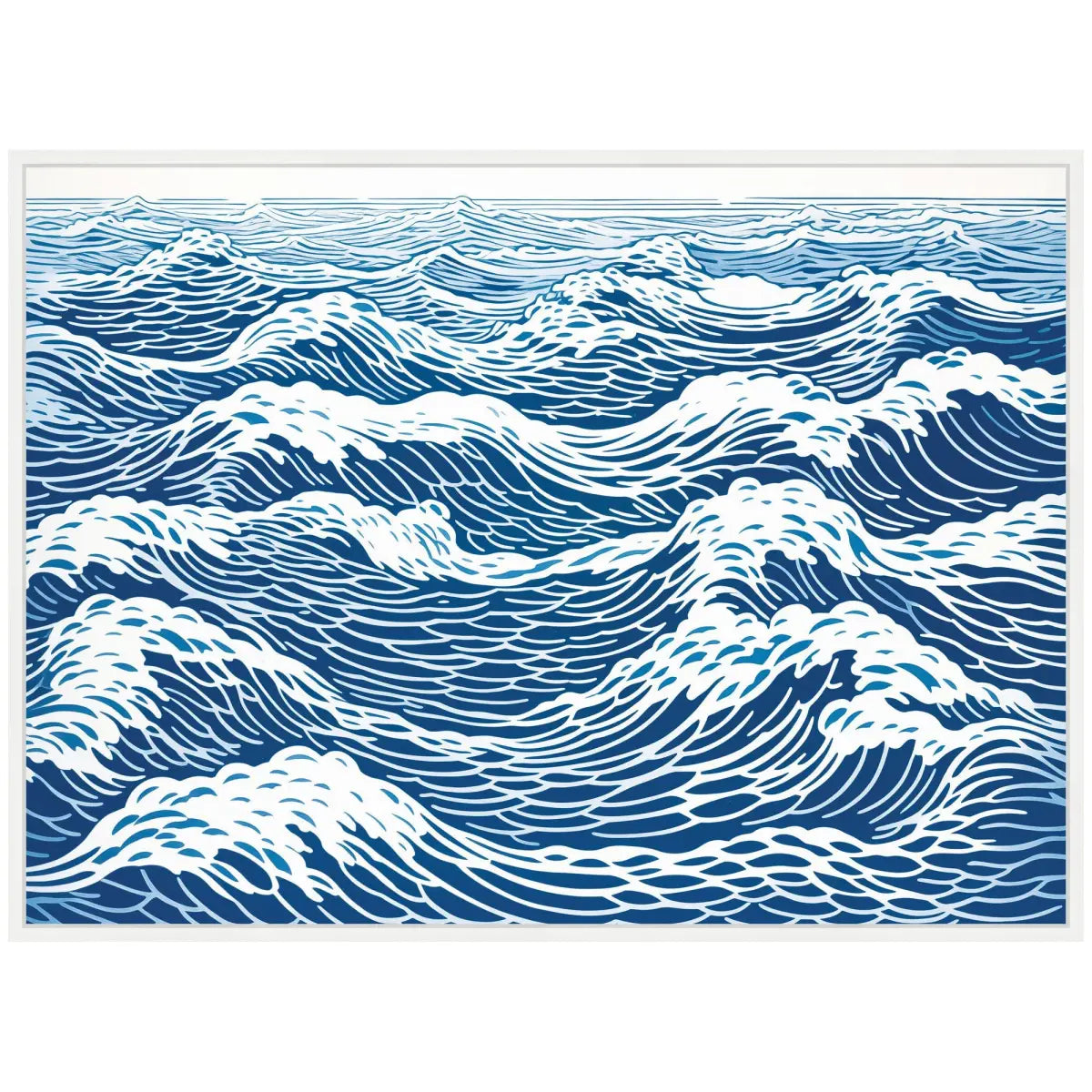 Linocut Abstract Waves Blue and White Framed Canvas - kateandlaurel
