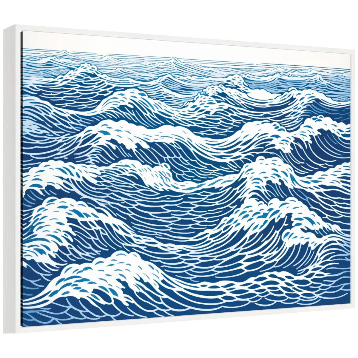 Linocut Abstract Waves Blue and White Framed Canvas - 38x28 - kateandlaurel