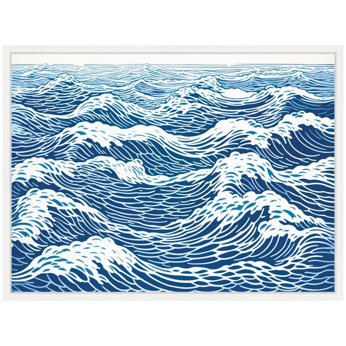 Linocut Abstract Waves Blue and White Framed Canvas - kateandlaurel