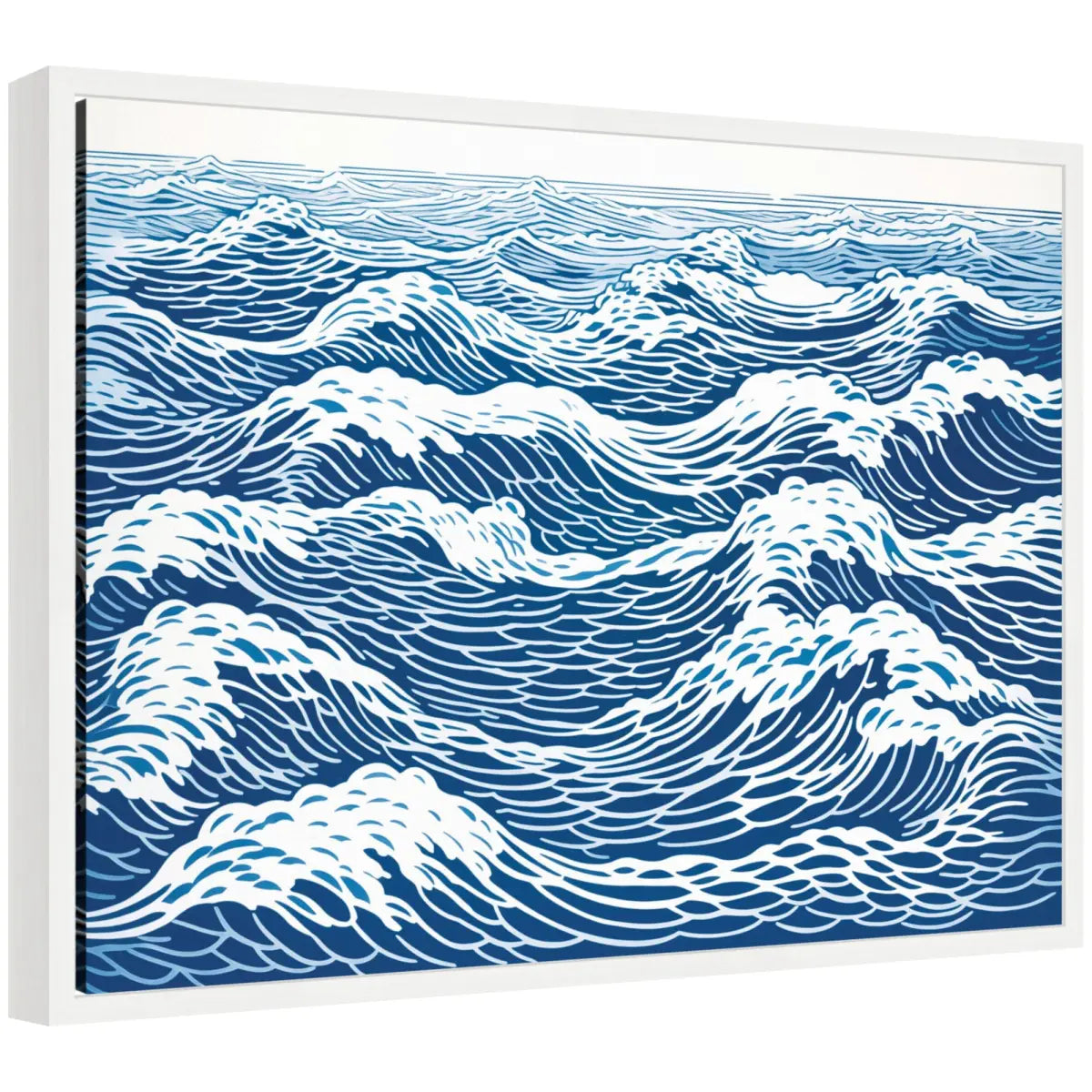 Linocut Abstract Waves Blue and White Framed Canvas - 24x18 - kateandlaurel