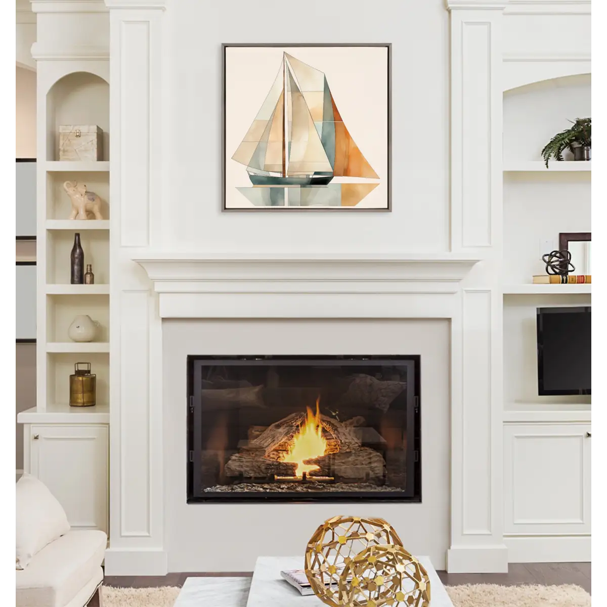 Framed Canvas Art - Mid Century Modern Geometric Sailboat - kateandlaurel