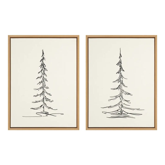 Framed Canvas Art - Minimalist Evergreen Trees Sketch - Set of 2 - kateandlaurel