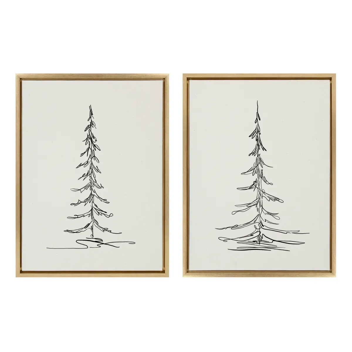 Framed Canvas Art - Minimalist Evergreen Trees Sketch - Set of 2 - Bright Gold / 2 Piece Set 18x24 - kateandlaurel