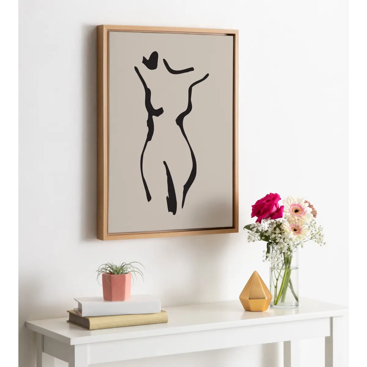 Framed Canvas Art - Minimalist Neutral Line Art Nude Drawing Body - Natural / 18x24 - kateandlaurel