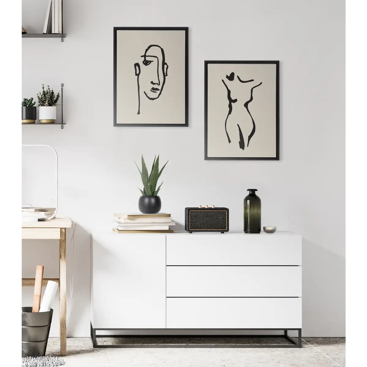 Minimalist Neutral Line Art Drawing Face and Body Framed Canvas Art Set - kateandlaurel