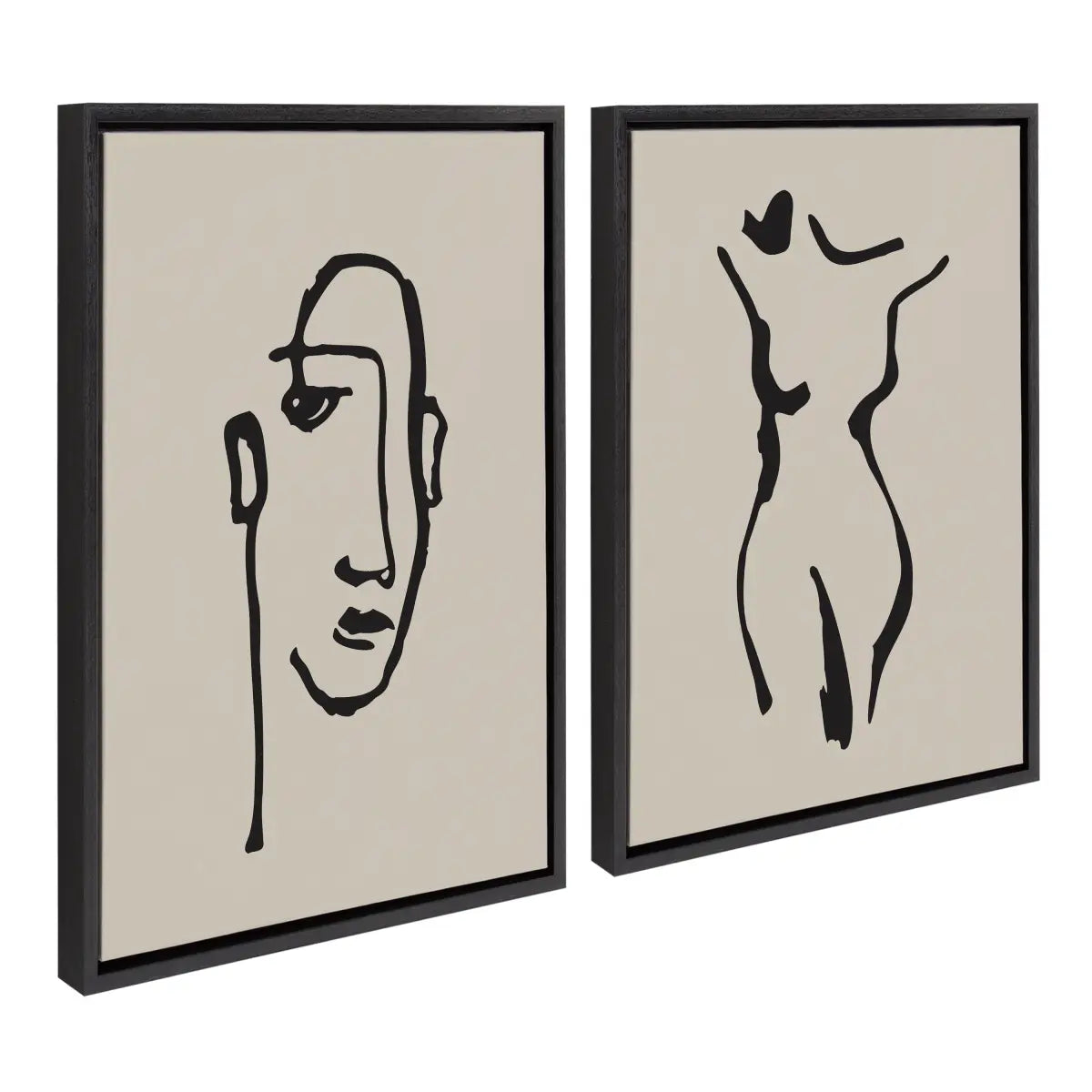 Minimalist Neutral Line Art Drawing Face and Body Framed Canvas Art Set - Black / 2 Piece Set 18x24 - kateandlaurel