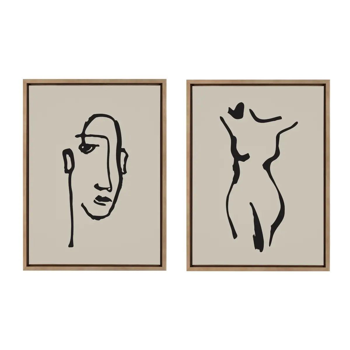 Minimalist Neutral Line Art Drawing Face and Body Framed Canvas Art Set - kateandlaurel