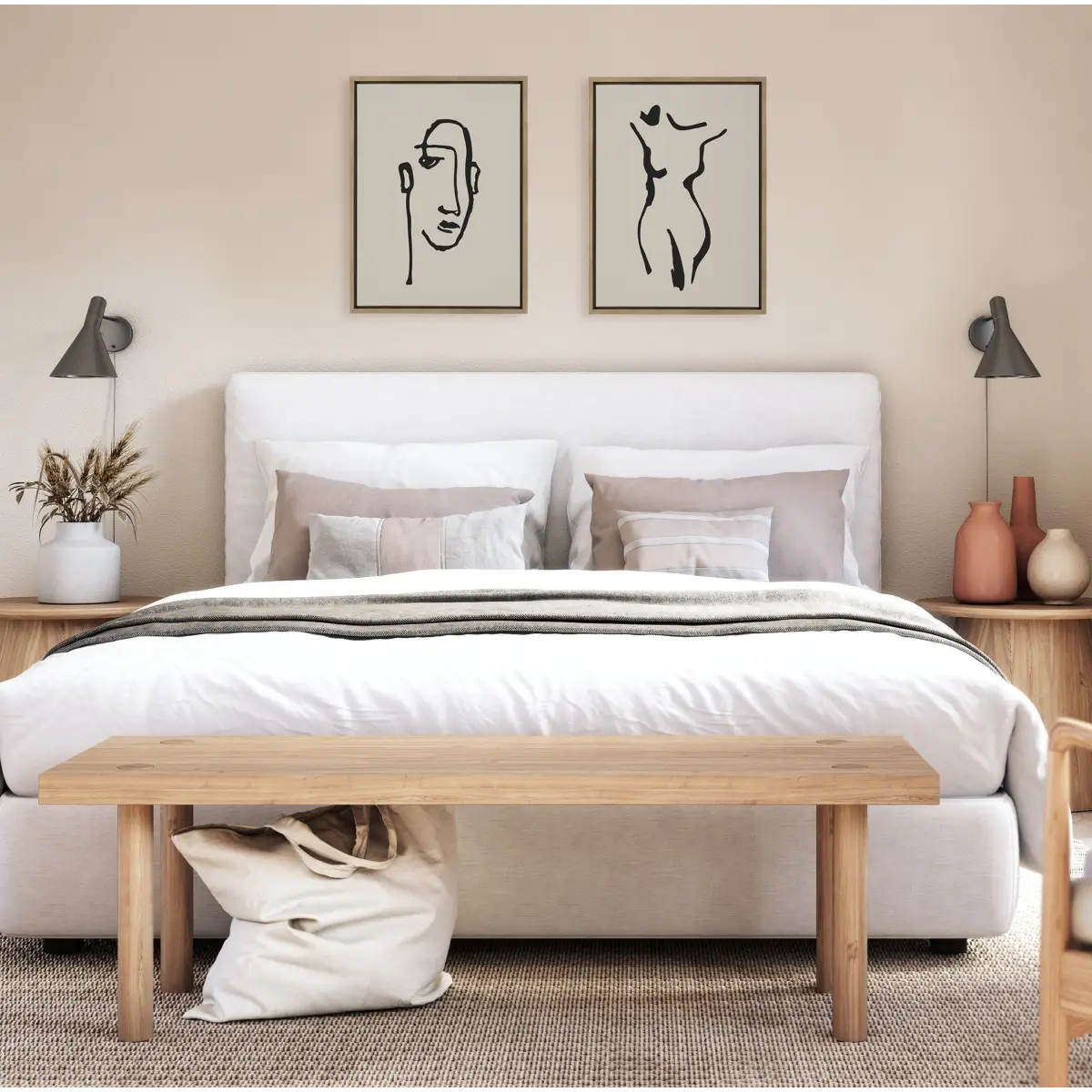 Minimalist Neutral Line Art Drawing Face and Body Framed Canvas Art Set - kateandlaurel
