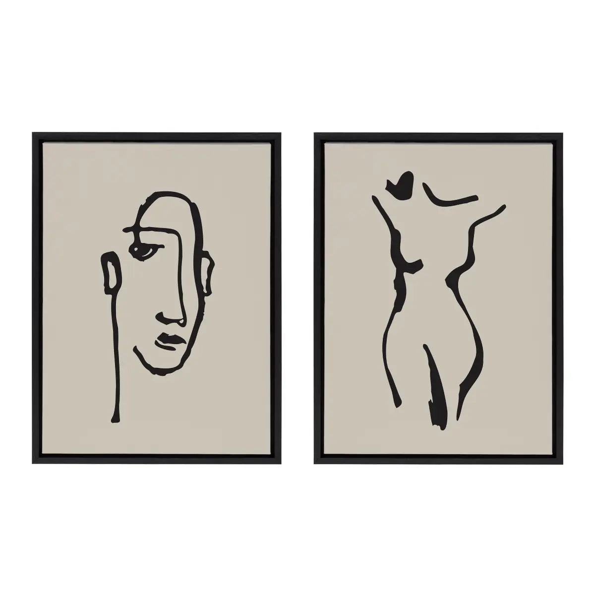 Minimalist Neutral Line Art Drawing Face and Body Framed Canvas Art Set - kateandlaurel