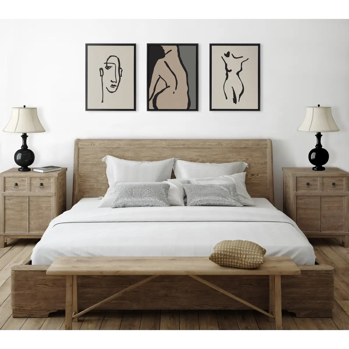 Minimalist Neutral Line Art Drawing Face and Body Framed Canvas Art Set - kateandlaurel