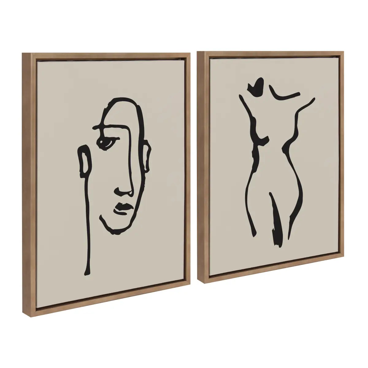 Minimalist Neutral Line Art Drawing Face and Body Framed Canvas Art Set - Gold / 2 Piece Set 18x24 - kateandlaurel
