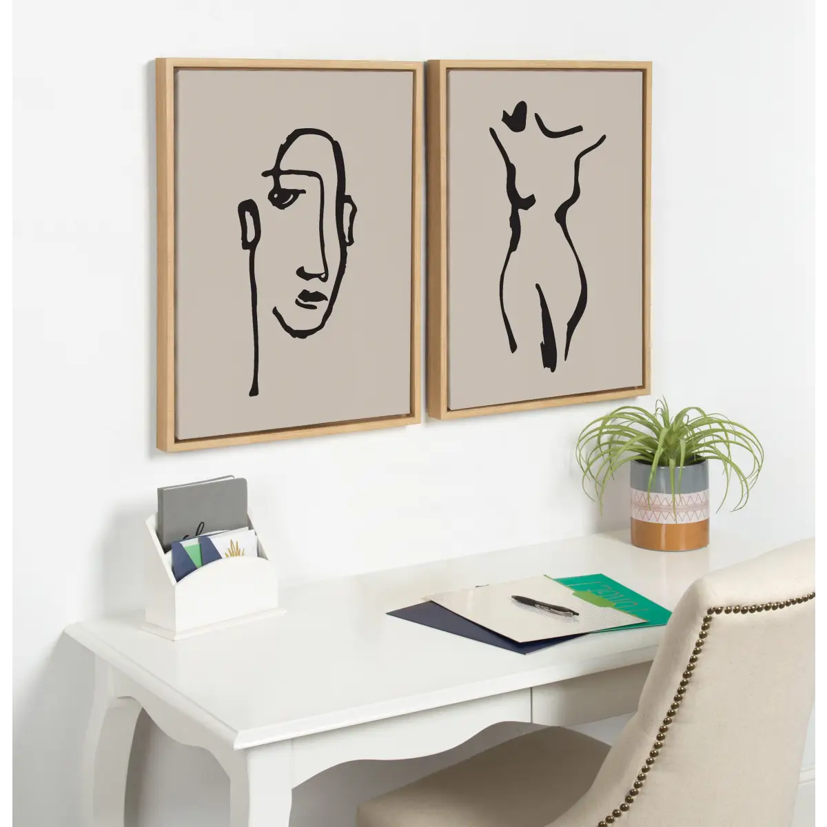 Framed Canvas Art - Minimalist Neutral Line Art Drawing Face - kateandlaurel