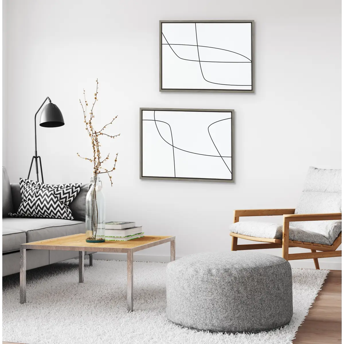 Framed Canvas - Modern Line Abstract 3 and 4 Black and White - kateandlaurel