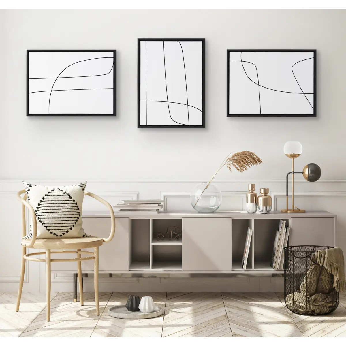 Framed Canvas Set - Modern Line Abstract Black and White - kateandlaurel