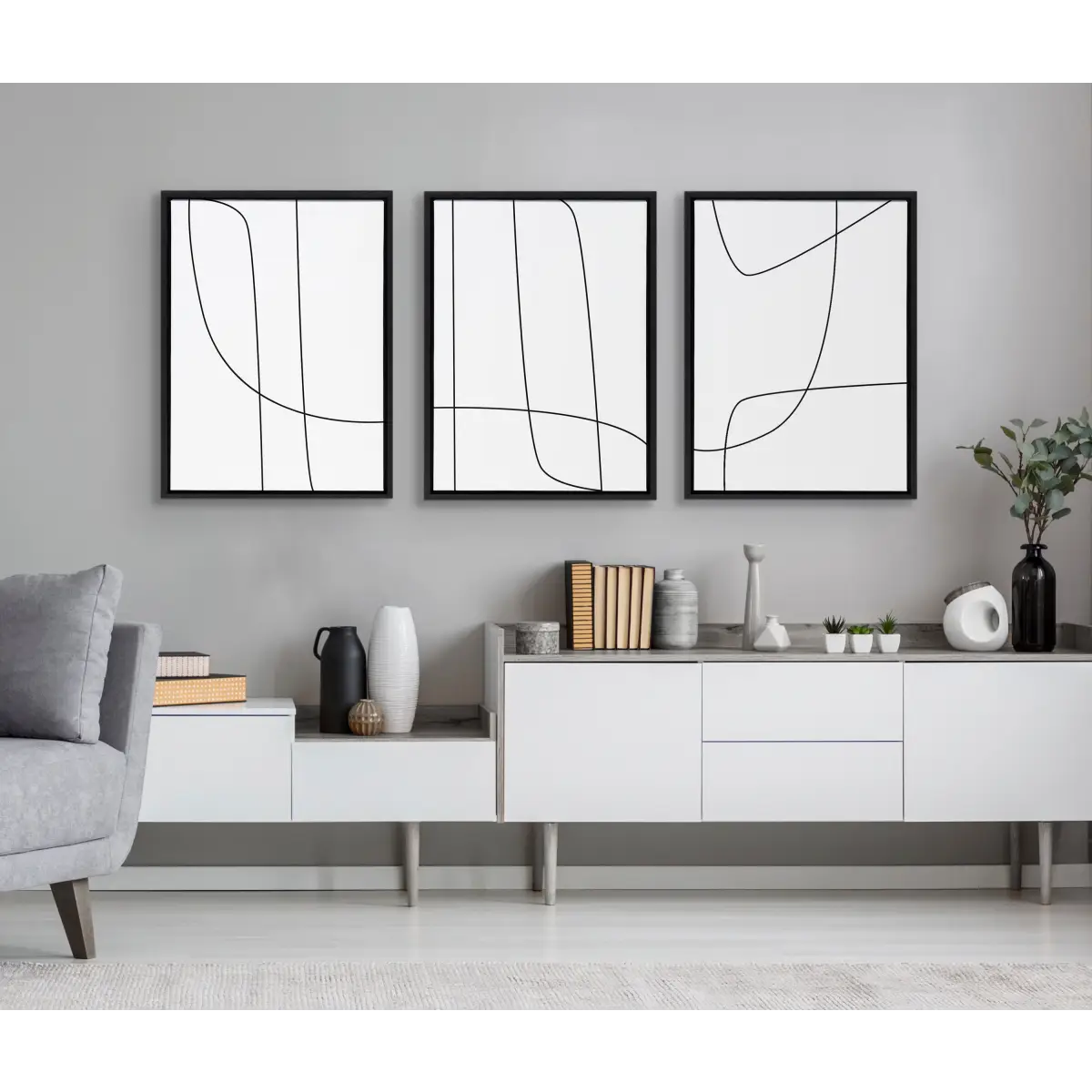 Framed Canvas Set - Modern Line Abstract Black and White - kateandlaurel
