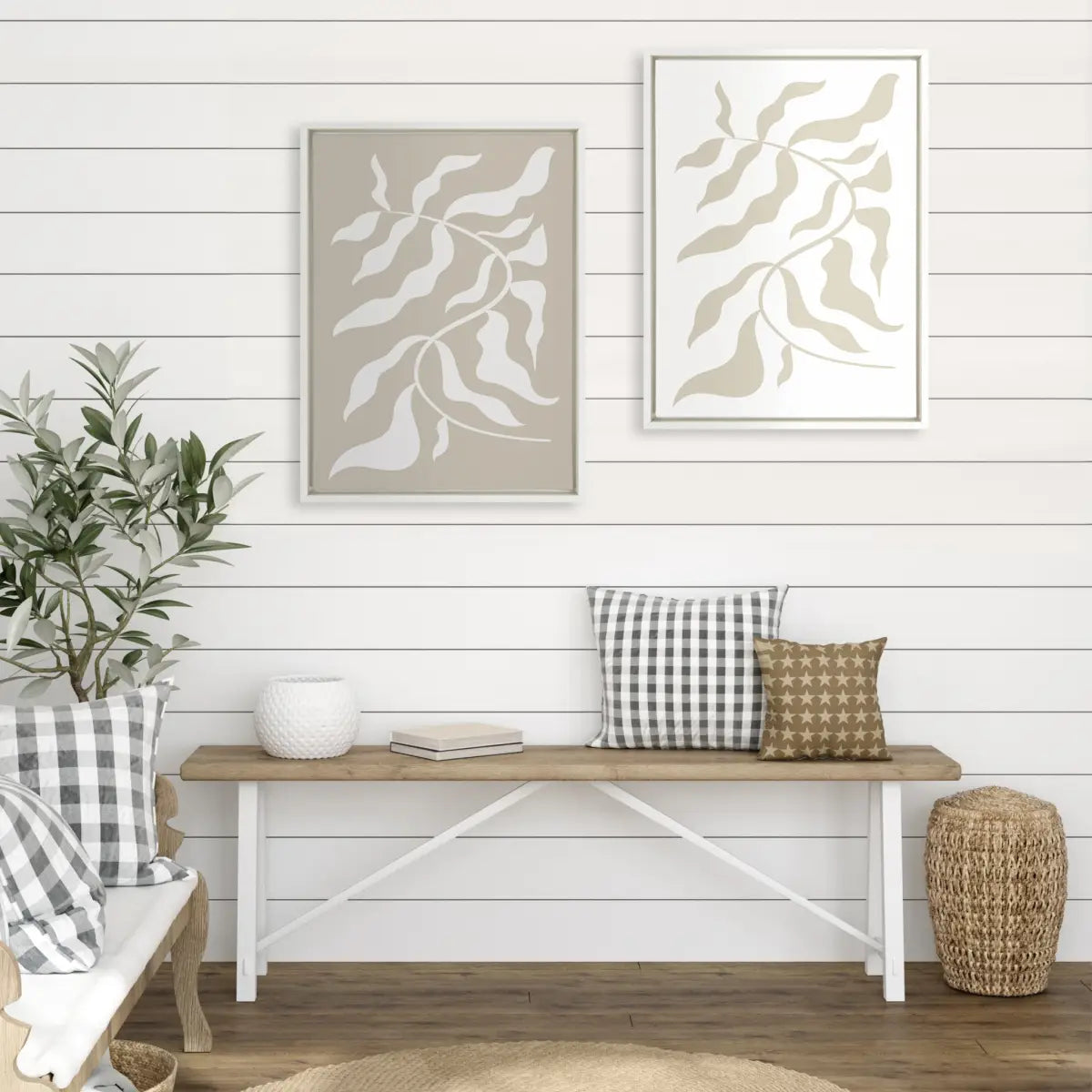 Framed Canvas - Modern Matisse Inspired Botanical White on Beige and Beige on White - White / 2 Piece 18x24
