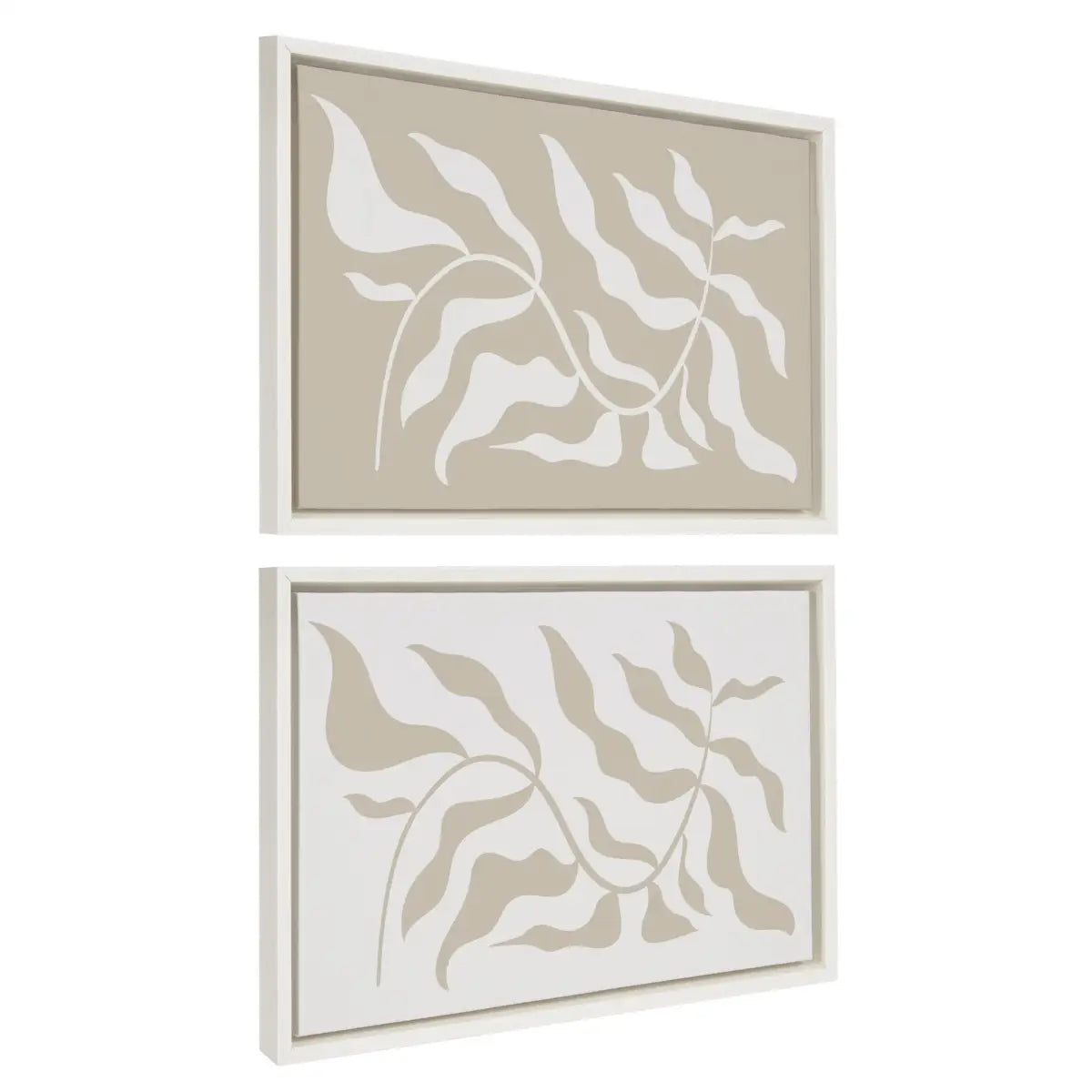 Framed Canvas - Modern Matisse Inspired Botanical White on Beige and Beige on White - White / 2 Piece 18x24