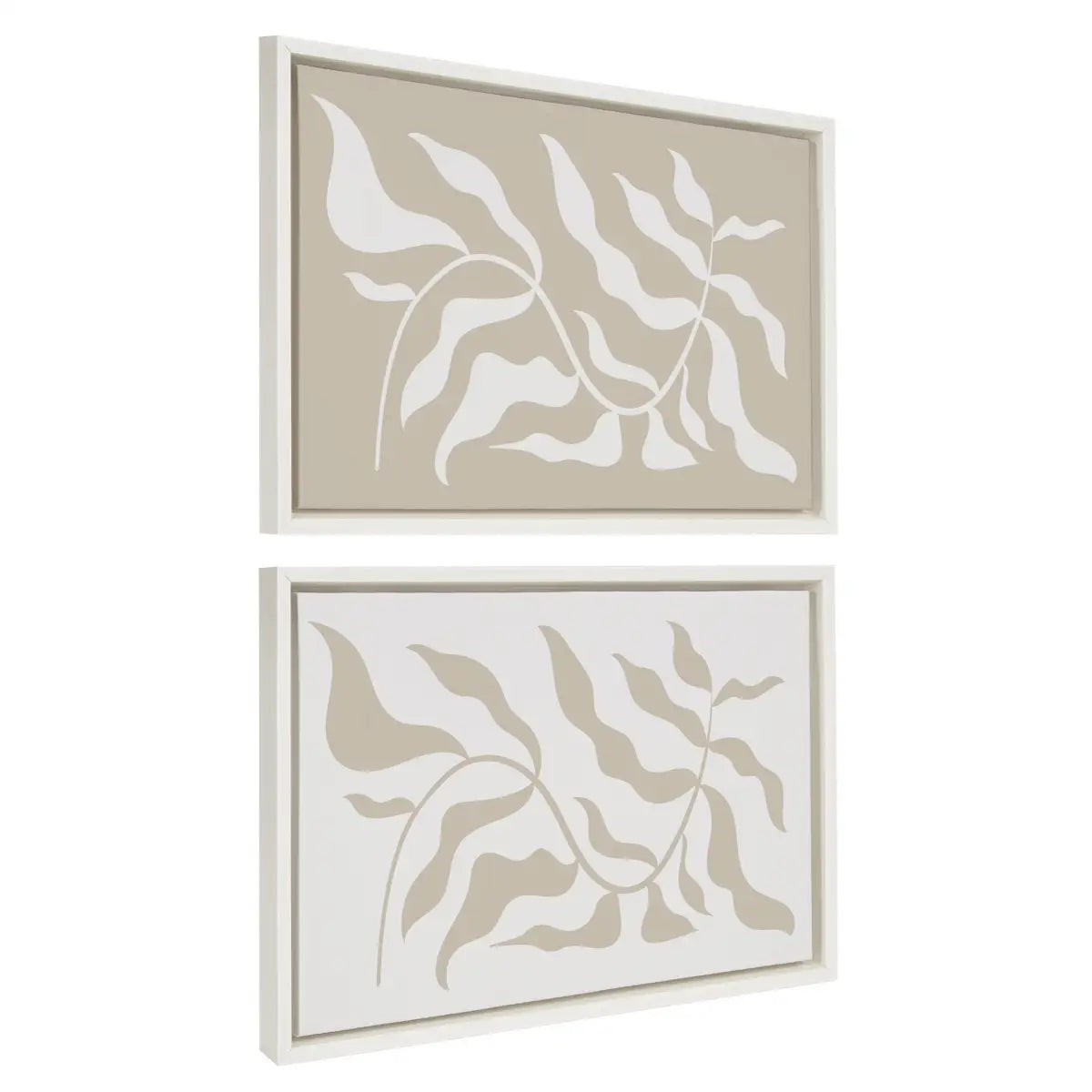 Framed Canvas - Modern Matisse Inspired Botanical White on Beige and Beige on White - White / 2 Piece 18x24