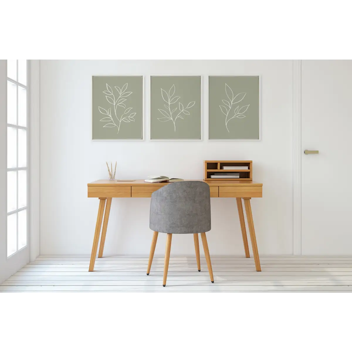 Framed Canvas - Modern Sage Green Botanical Line Sketch Print 1 2 and 3 - White / 3 Piece 18x24 - kateandlaurel