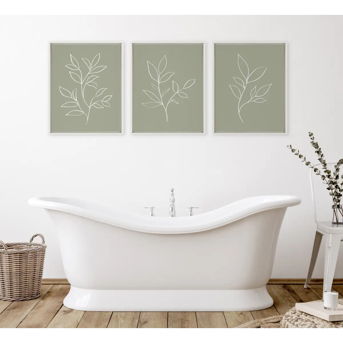 Framed Canvas - Modern Sage Green Botanical Line Sketch Print 1 2 and 3 - White / 3 Piece 18x24 - kateandlaurel