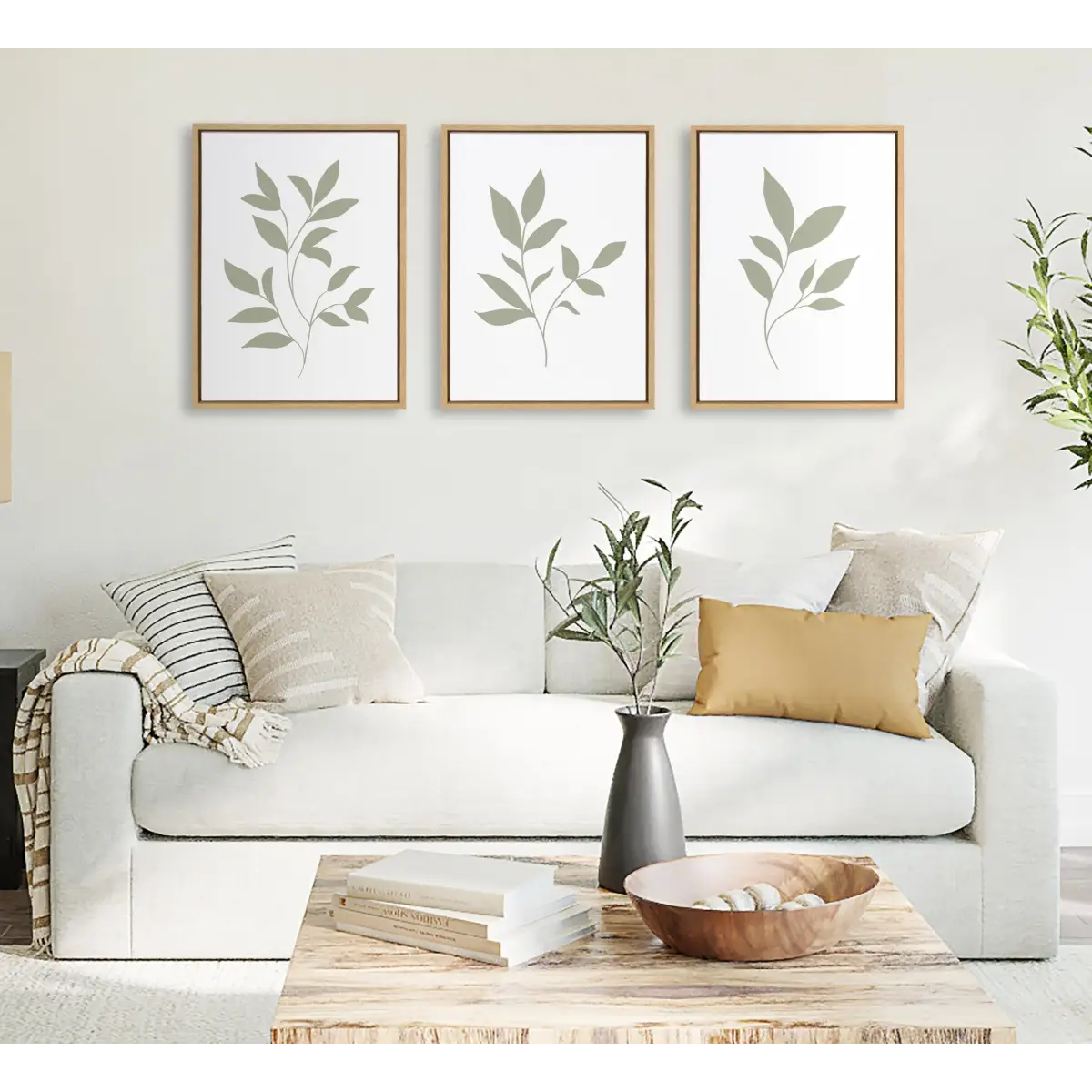 Framed Canvas Set of 3 - Modern Sage Green Botanical Outdoor Nature Prints - Natural / 3 Piece 18x24 - kateandlaurel