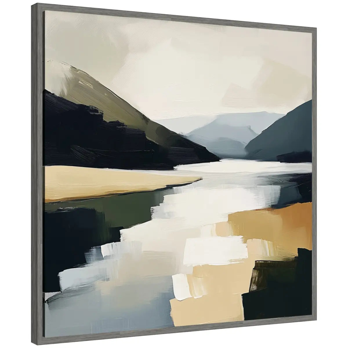 Framed Canvas Art - Mountain Lake Modern Abstract Landscape - Gray - kateandlaurel
