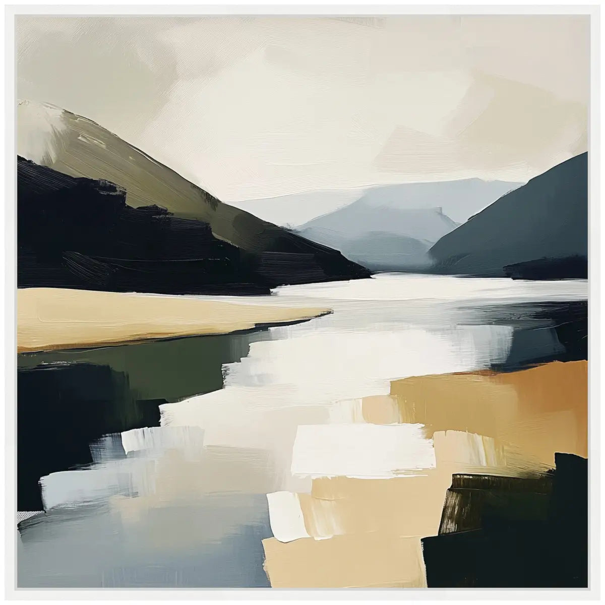 Framed Canvas Art - Mountain Lake Modern Abstract Landscape - kateandlaurel