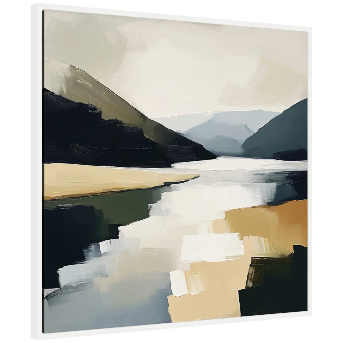 Framed Canvas Art - Mountain Lake Modern Abstract Landscape - White - kateandlaurel