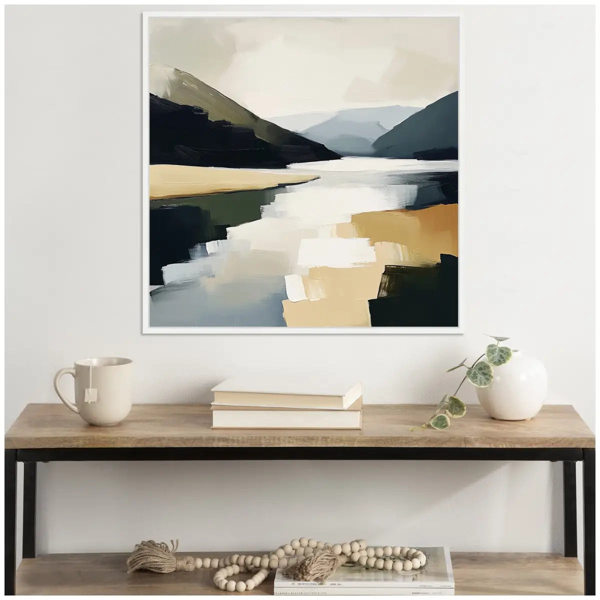 Framed Canvas Art - Mountain Lake Modern Abstract Landscape - kateandlaurel