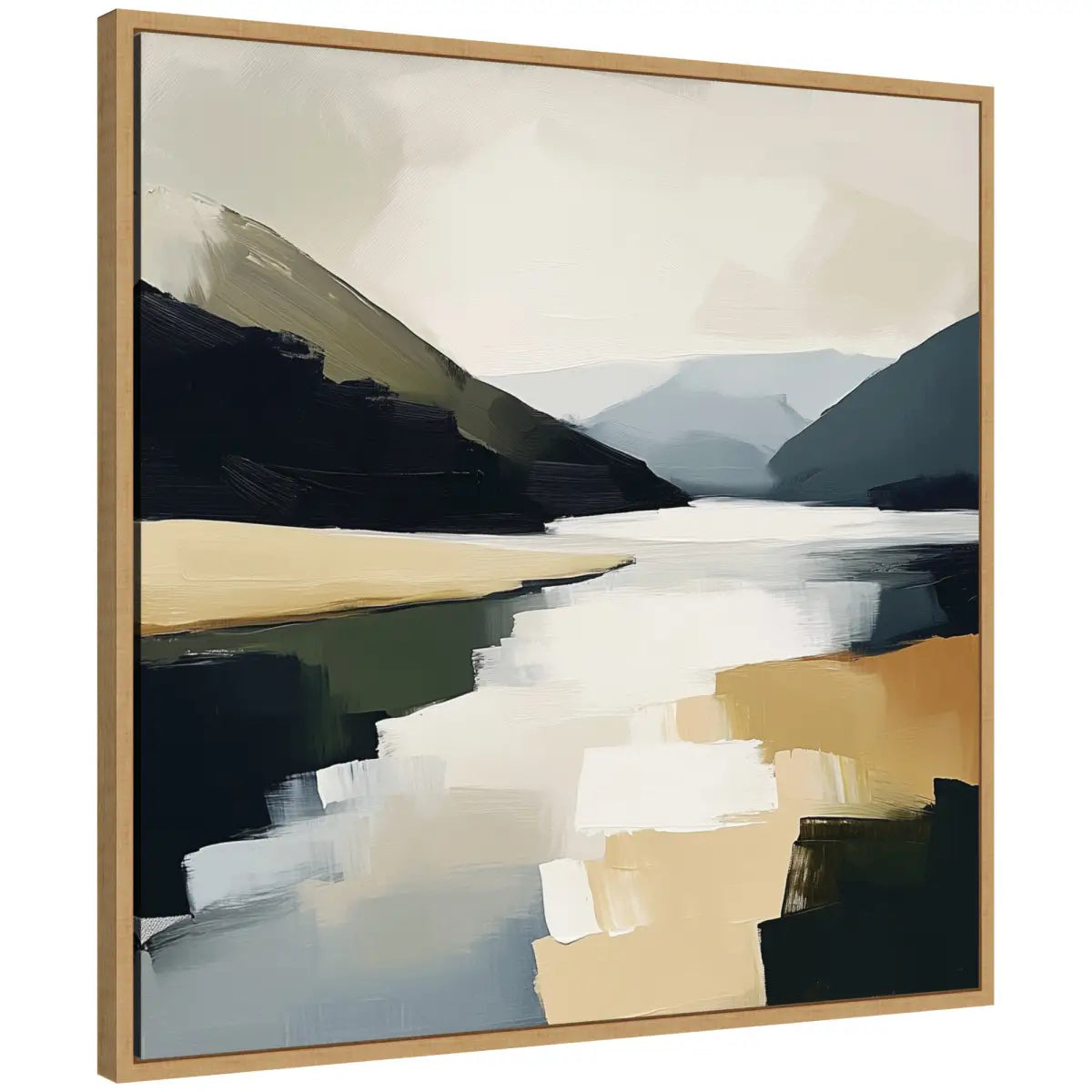Framed Canvas Art - Mountain Lake Modern Abstract Landscape - Natural - kateandlaurel
