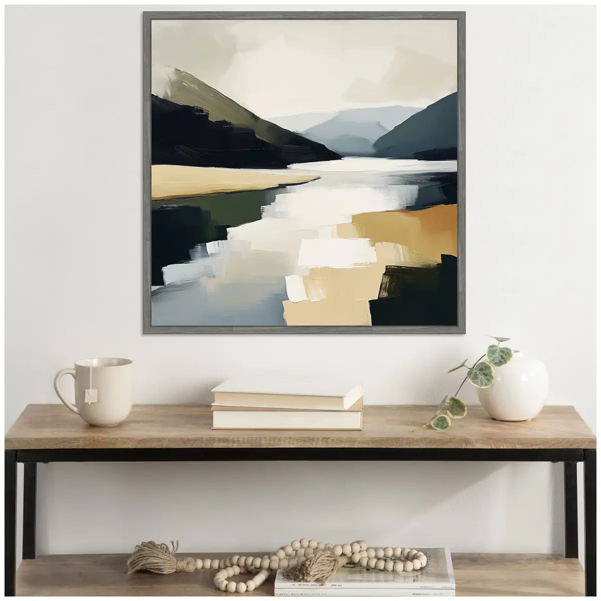 Framed Canvas Art - Mountain Lake Modern Abstract Landscape - kateandlaurel