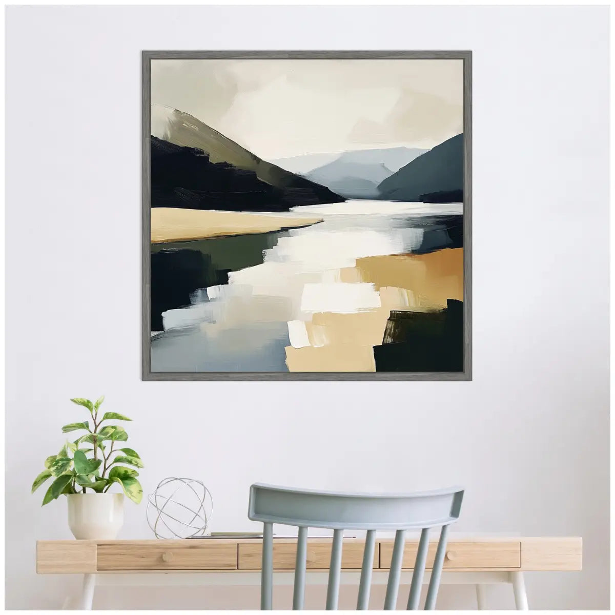 Framed Canvas Art - Mountain Lake Modern Abstract Landscape - kateandlaurel