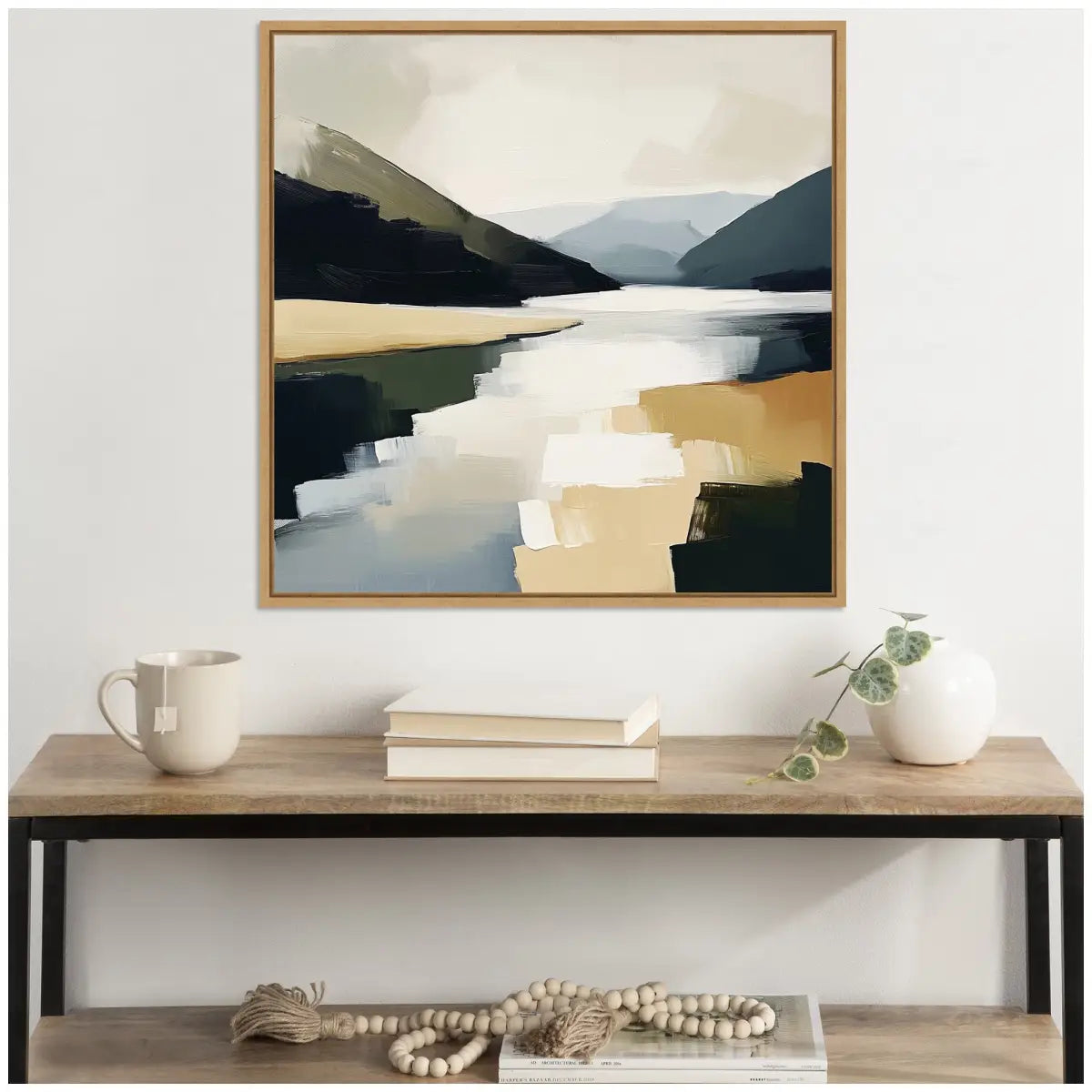 Framed Canvas Art - Mountain Lake Modern Abstract Landscape - kateandlaurel