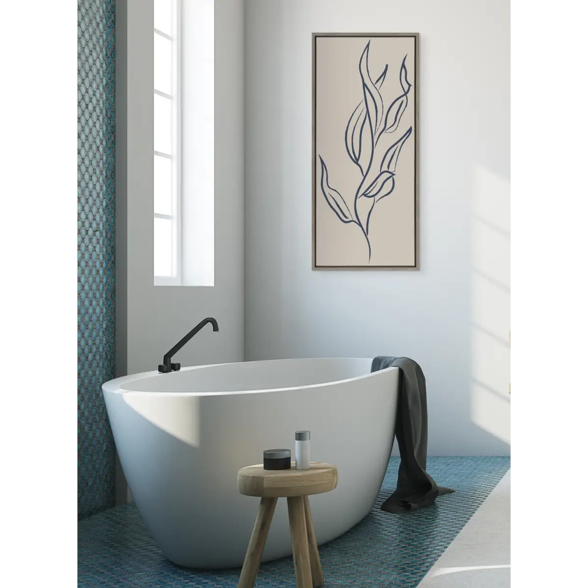 Muted Illustrated Botanical Dark Blue and Tan Framed Canvas - Gray / 18x40 - kateandlaurel