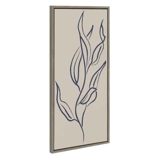 Muted Illustrated Botanical Dark Blue and Tan Framed Canvas - Gray / 18x40 - kateandlaurel