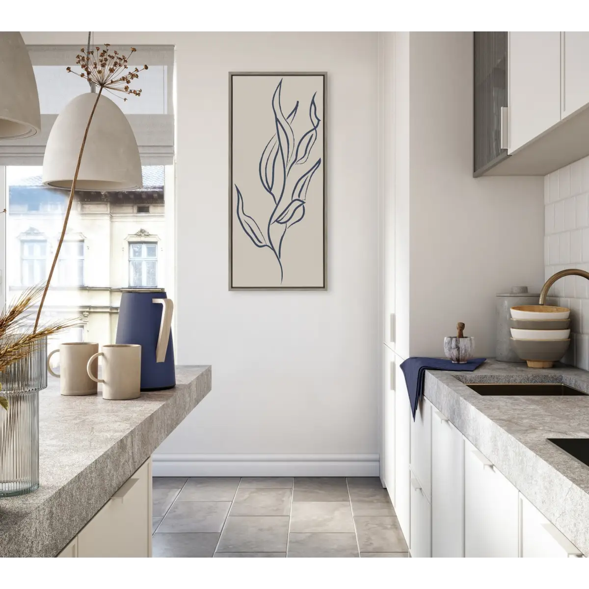 Muted Illustrated Botanical Dark Blue and Tan Framed Canvas - Gray / 18x40 - kateandlaurel