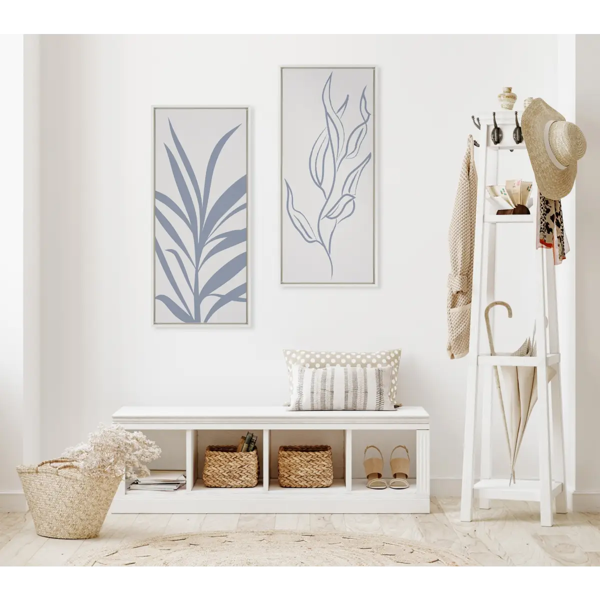 Framed Canvas - Muted Illustrated Botanical Light Blue and Beige - White / 18x40 - kateandlaurel