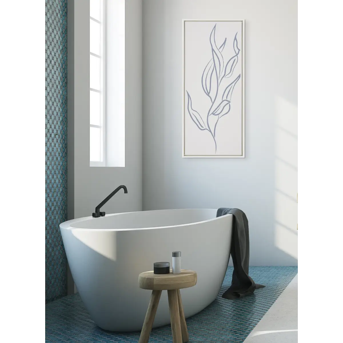 Framed Canvas - Muted Illustrated Botanical Light Blue and Beige - White / 18x40 - kateandlaurel