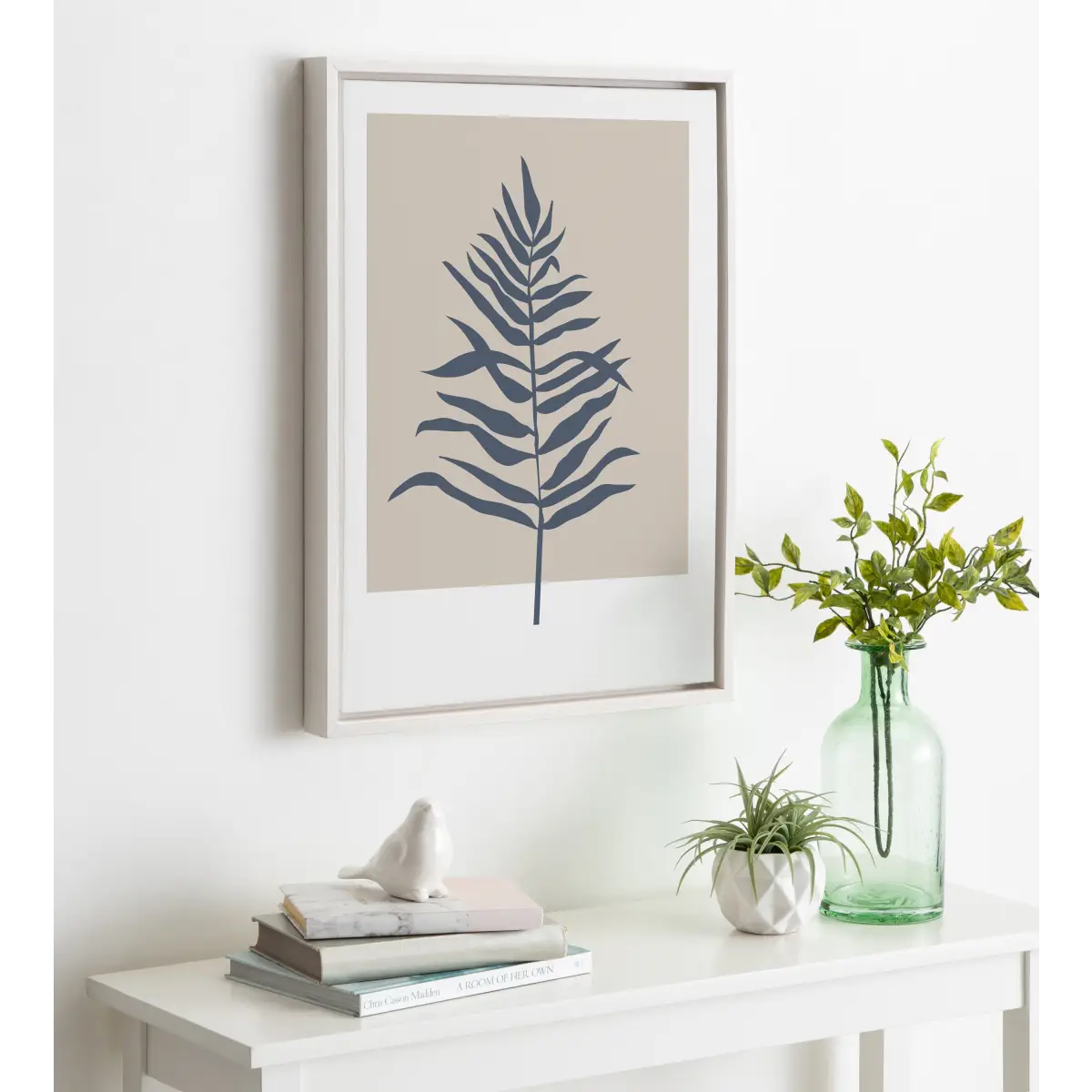 Framed Canvas Art - Muted Tan and Blue Color Block Botanical Fern - kateandlaurel