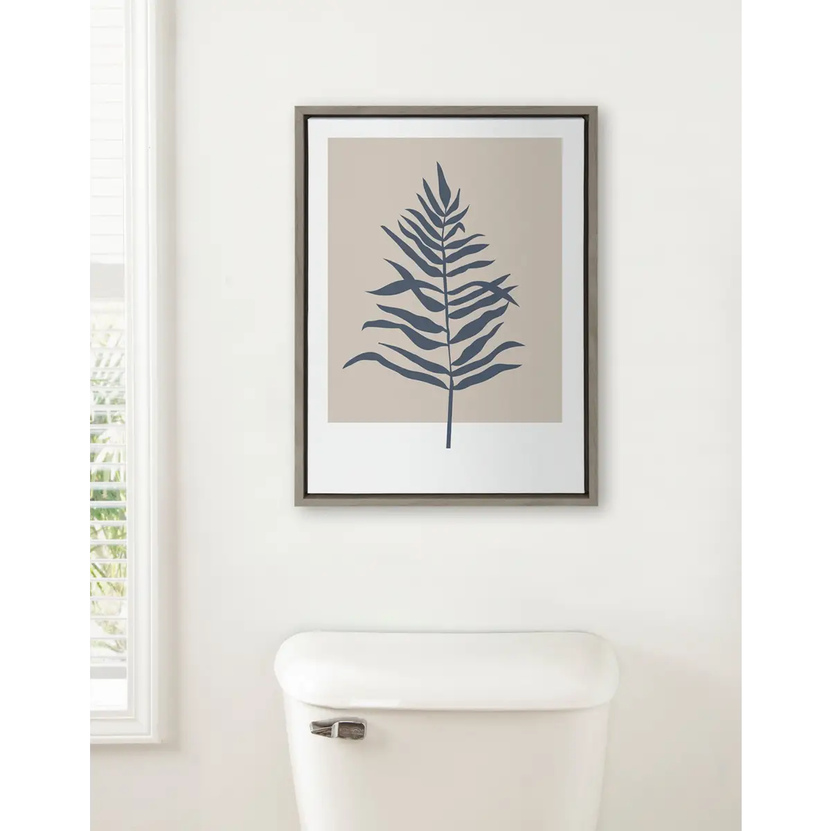 Framed Canvas Art - Muted Tan and Blue Color Block Botanical Fern - kateandlaurel