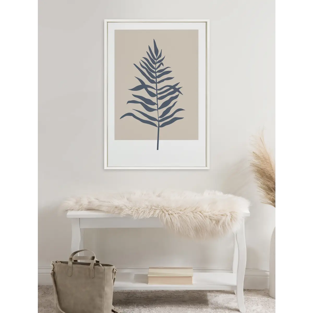 Framed Canvas Art - Muted Tan and Blue Color Block Botanical Fern - kateandlaurel