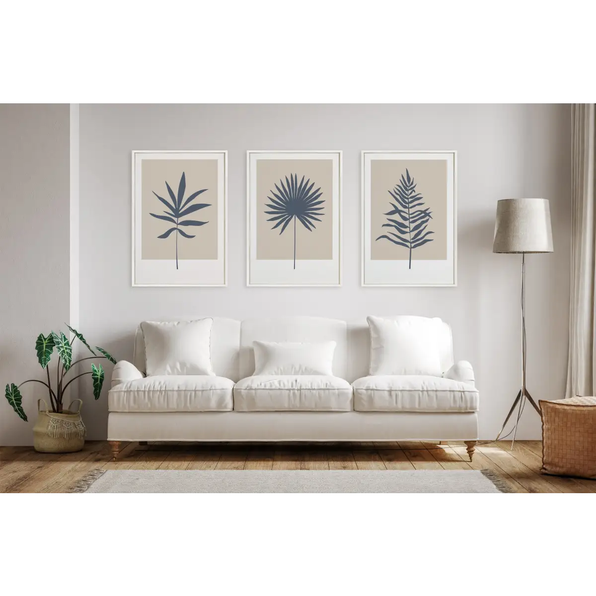 Framed Canvas Art - Muted Tan and Blue Color Block Botanical Fern - kateandlaurel