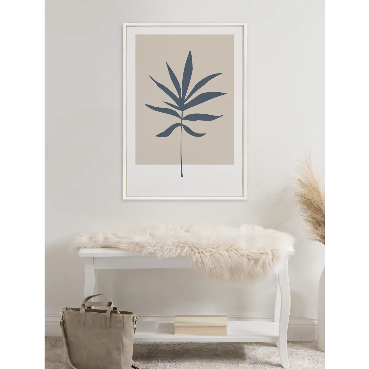 Framed Canvas Art - Muted Tan and Blue Color Block Botanical Leaf - kateandlaurel