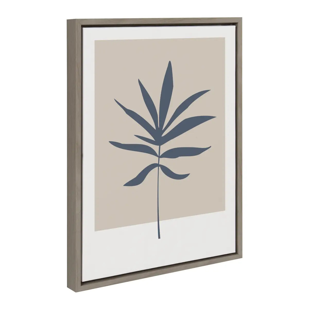 Framed Canvas Art - Muted Tan and Blue Color Block Botanical Leaf - Gray / 18x24 - kateandlaurel