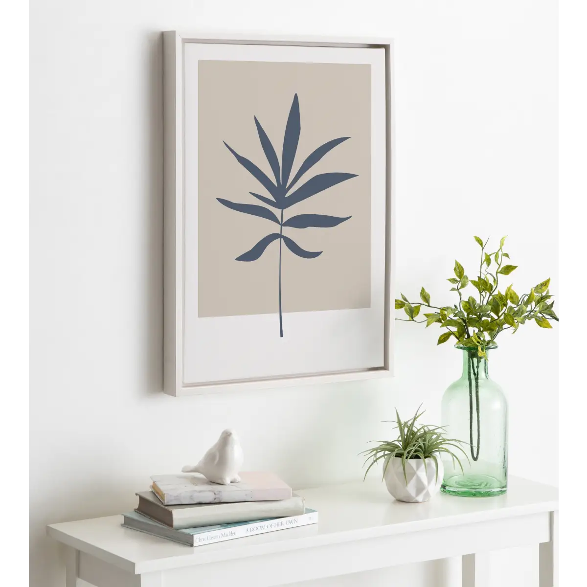 Framed Canvas Art - Muted Tan and Blue Color Block Botanical Leaf - kateandlaurel