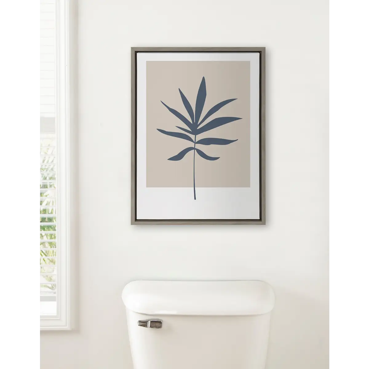 Framed Canvas Art - Muted Tan and Blue Color Block Botanical Leaf - kateandlaurel