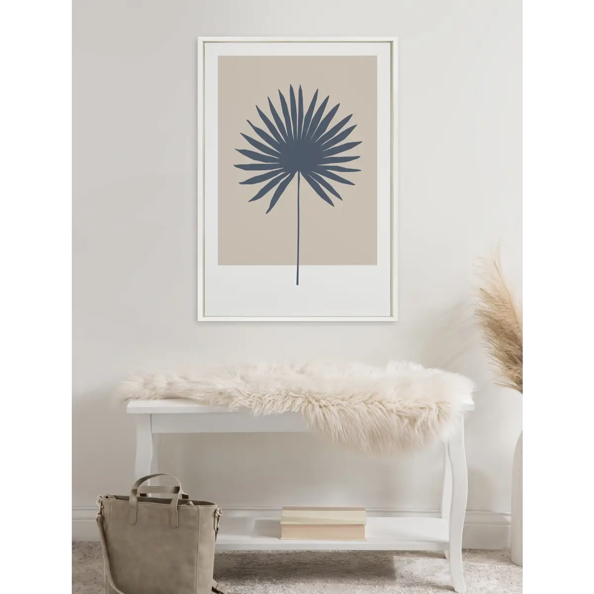 Framed Canvas Art - Muted Tan and Blue Color Block Botanical Palm - kateandlaurel